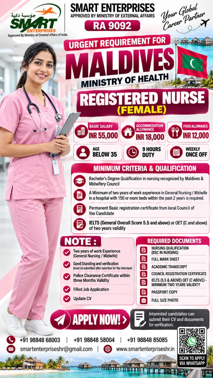 Recruitment poster for FEMALE NURSE in Maldives