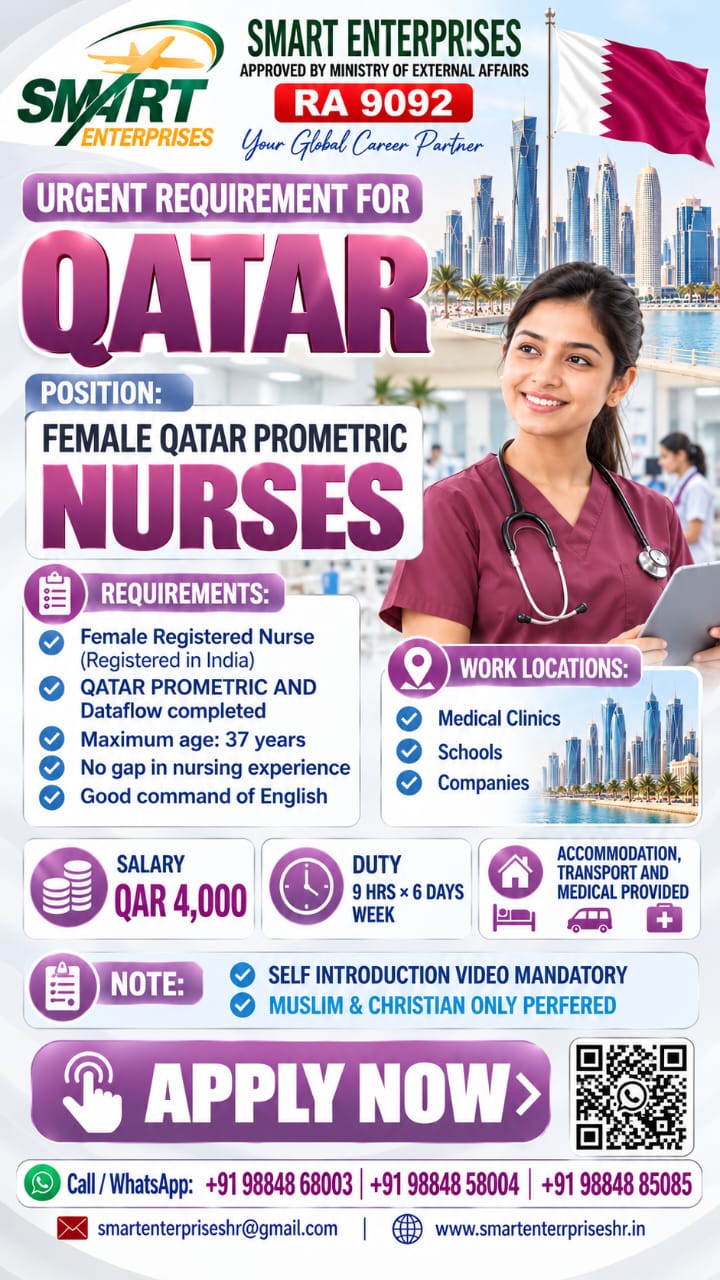Recruitment poster for FEMALE NURSE in Qatar