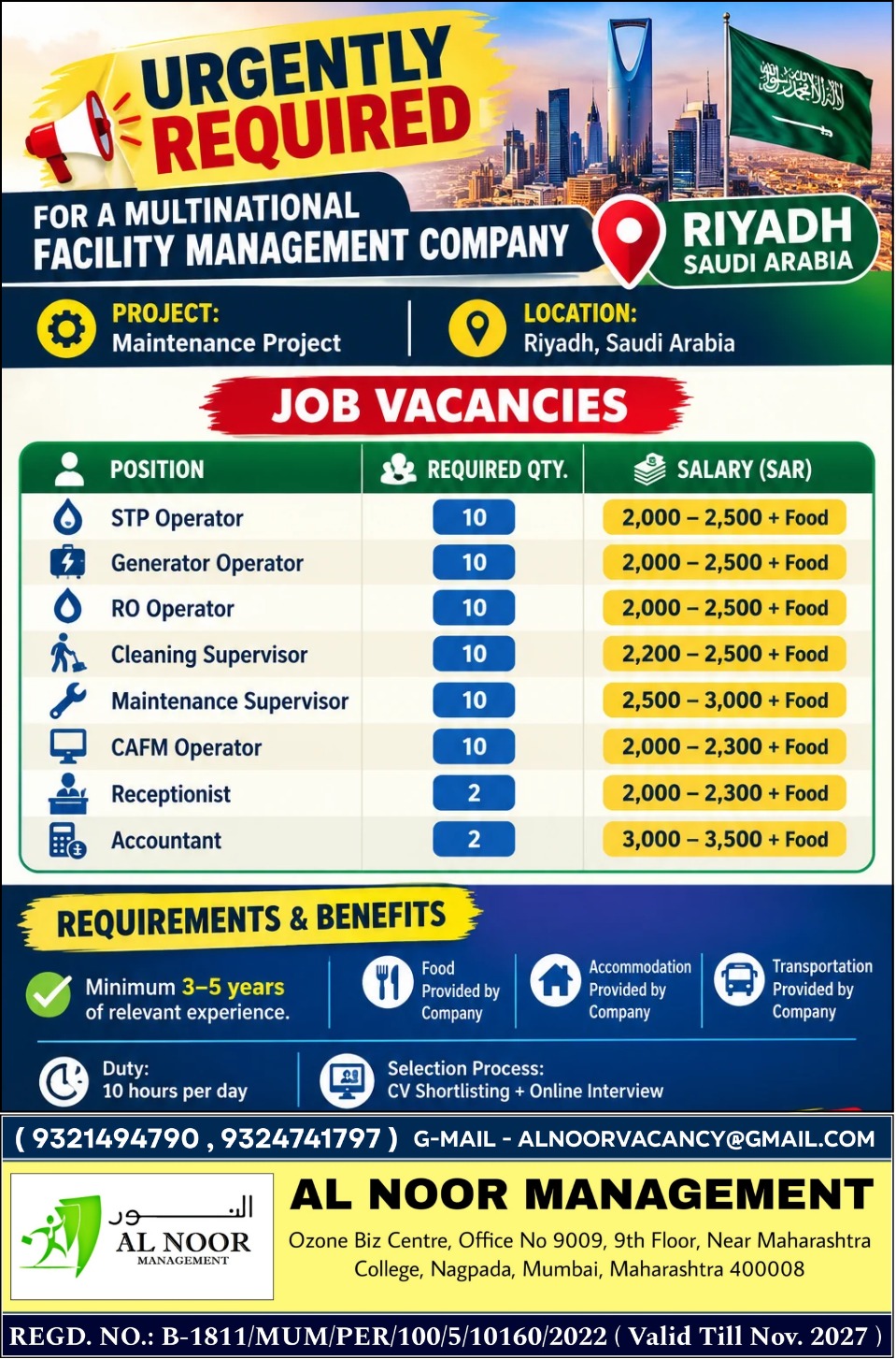 Recruitment poster for Urgent Hiring in Saudi Arabia | Vacancies for Facility Management Project – Riyadh in Saudi Arabia