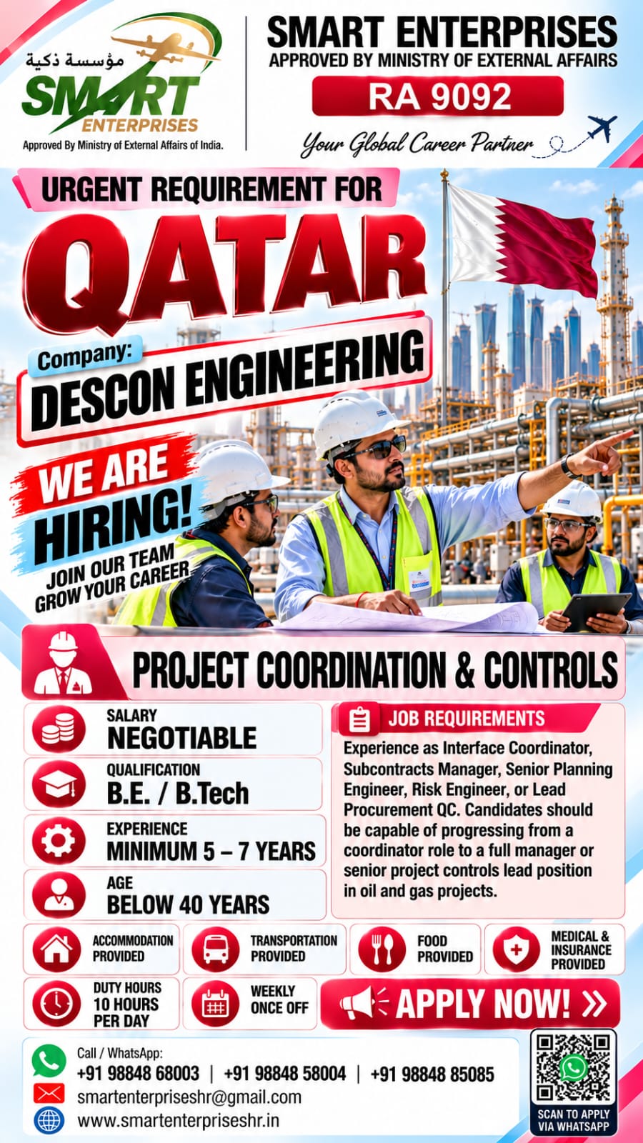 Recruitment poster for PROJECT COORDINATOR AND CONTROLS in Qatar