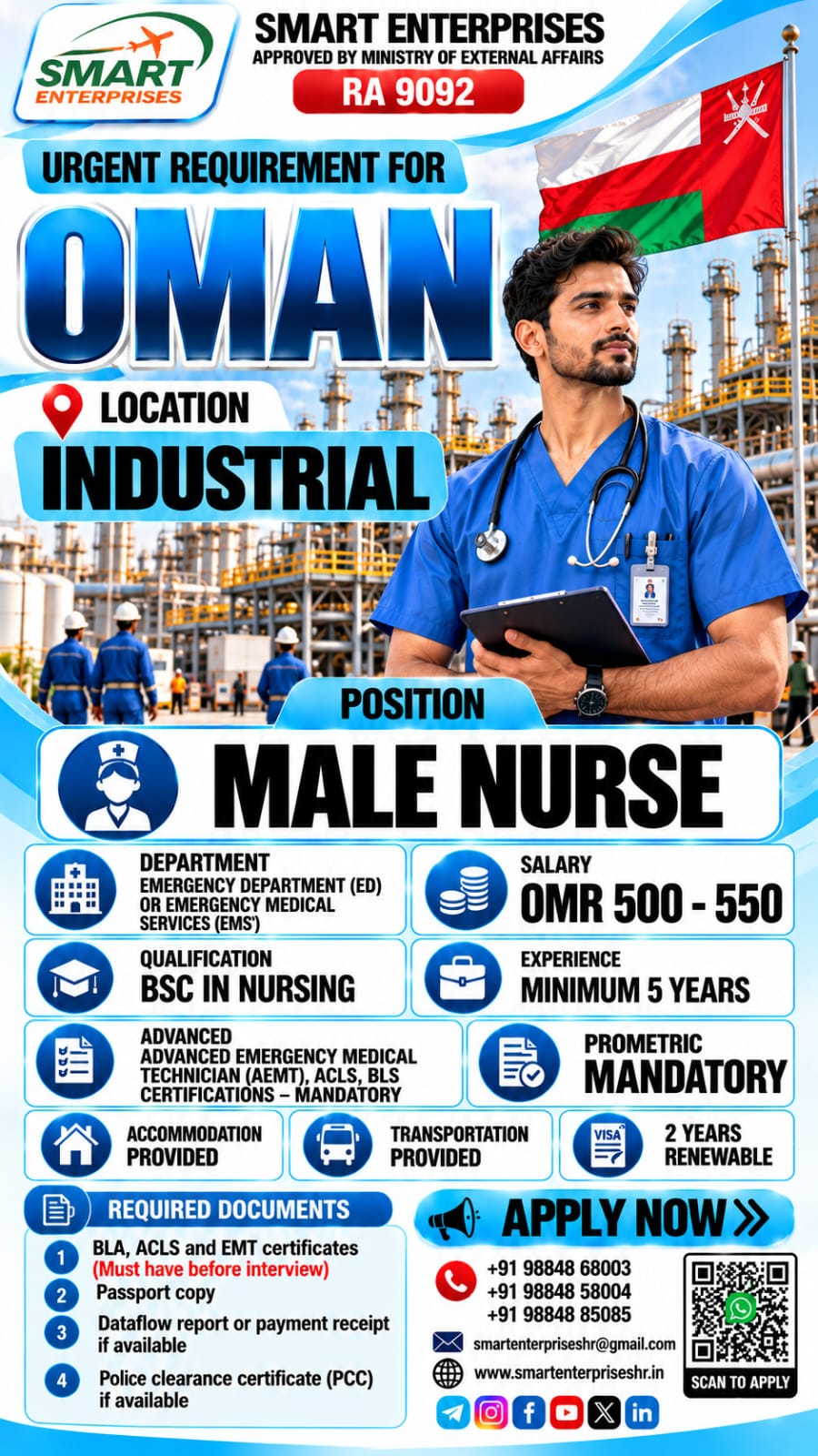 Recruitment poster for MALE NURSE in Oman