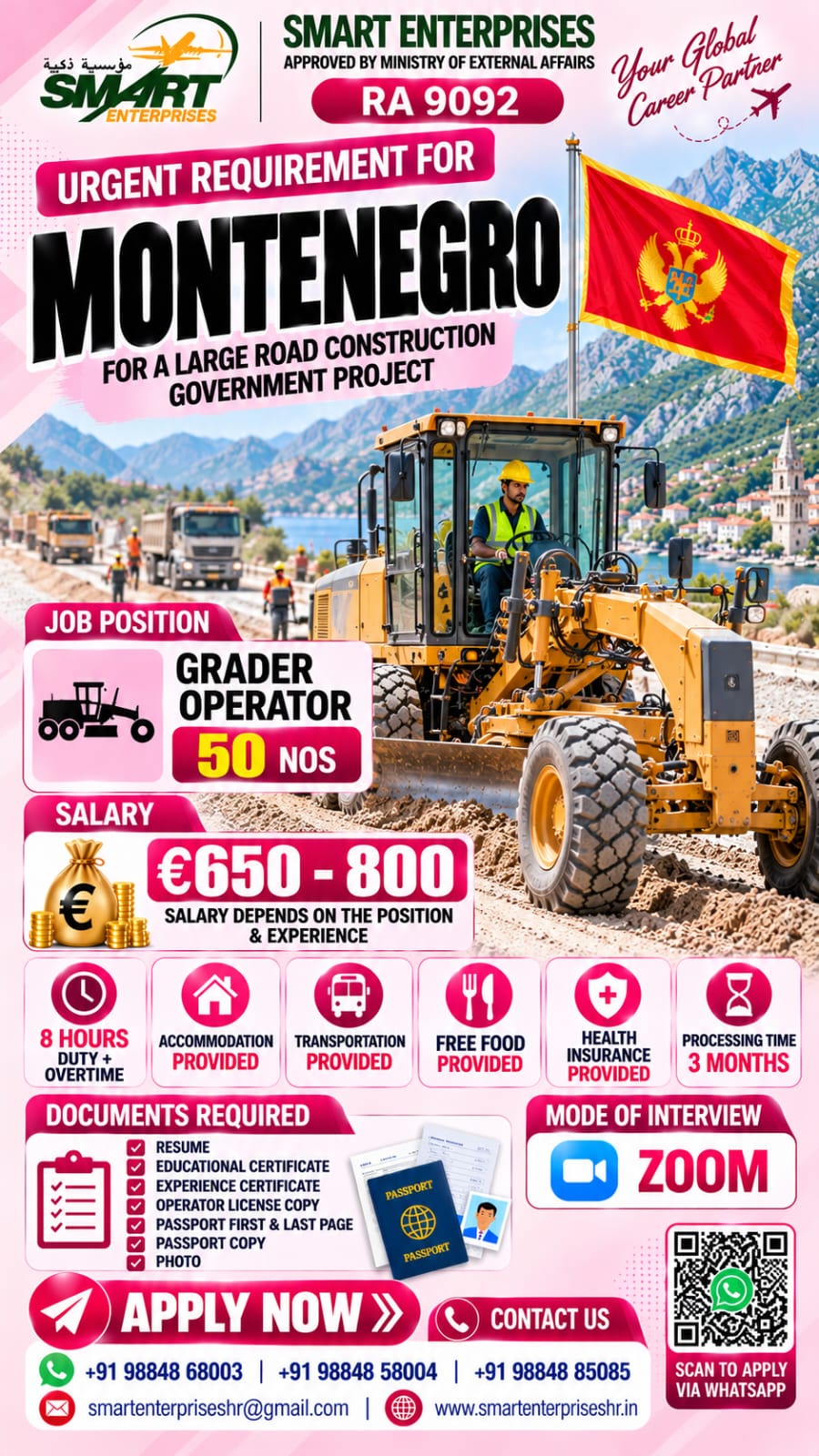 Recruitment poster for HIRING FOR MONTENEGRO in Montenegro