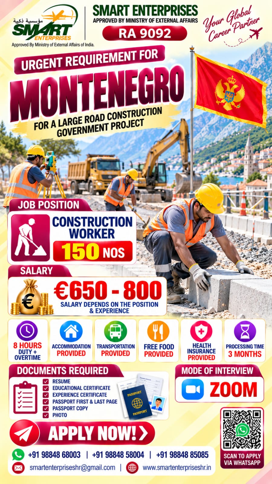 Recruitment poster for HIRING FOR MONTENEGRO in Montenegro