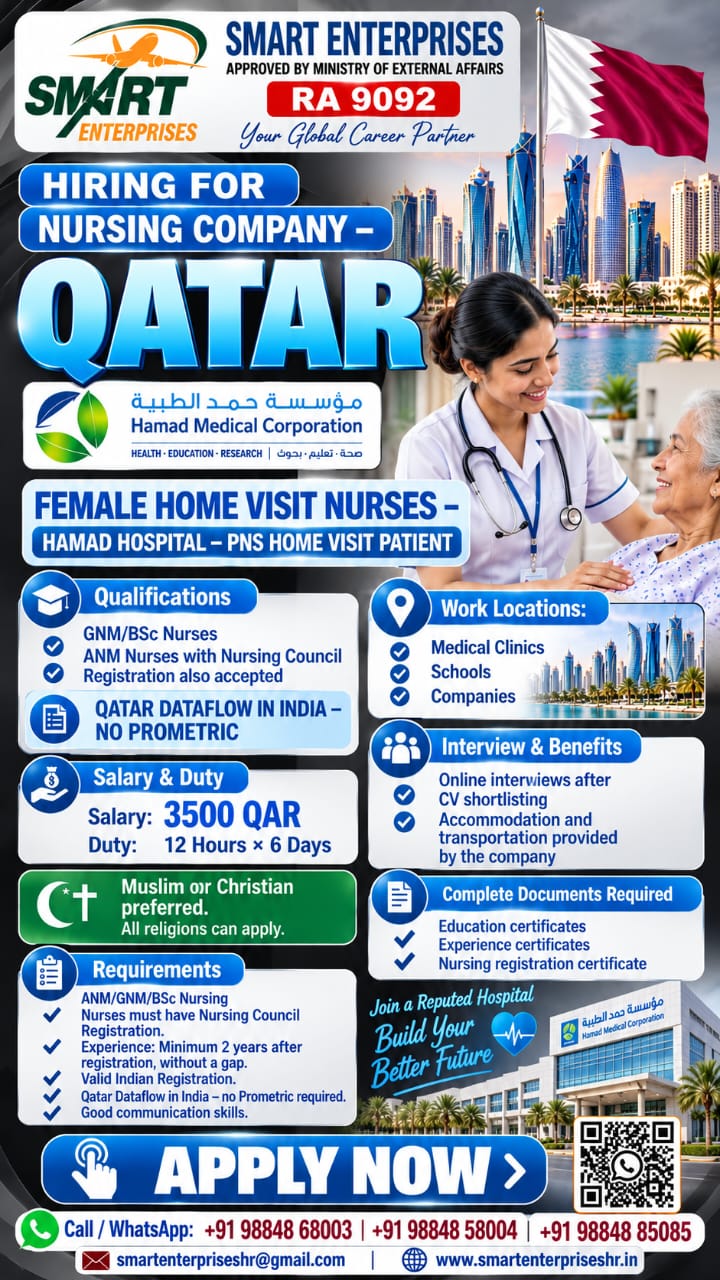 Recruitment poster for FEMALE HOME VISIT NURSE in Qatar