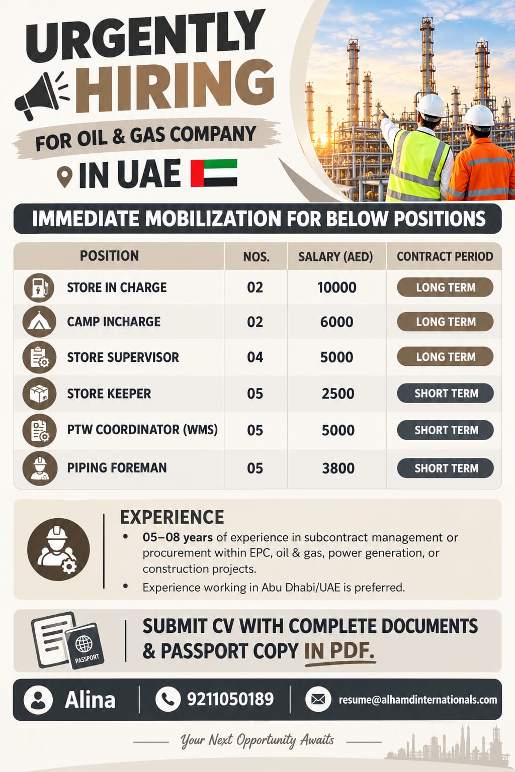 Recruitment poster for SUPERVISOR/ STOREKEEPER/ FOREMAN/ INCHARGE in United Arab Emirates (Dubai / Abu Dhabi)