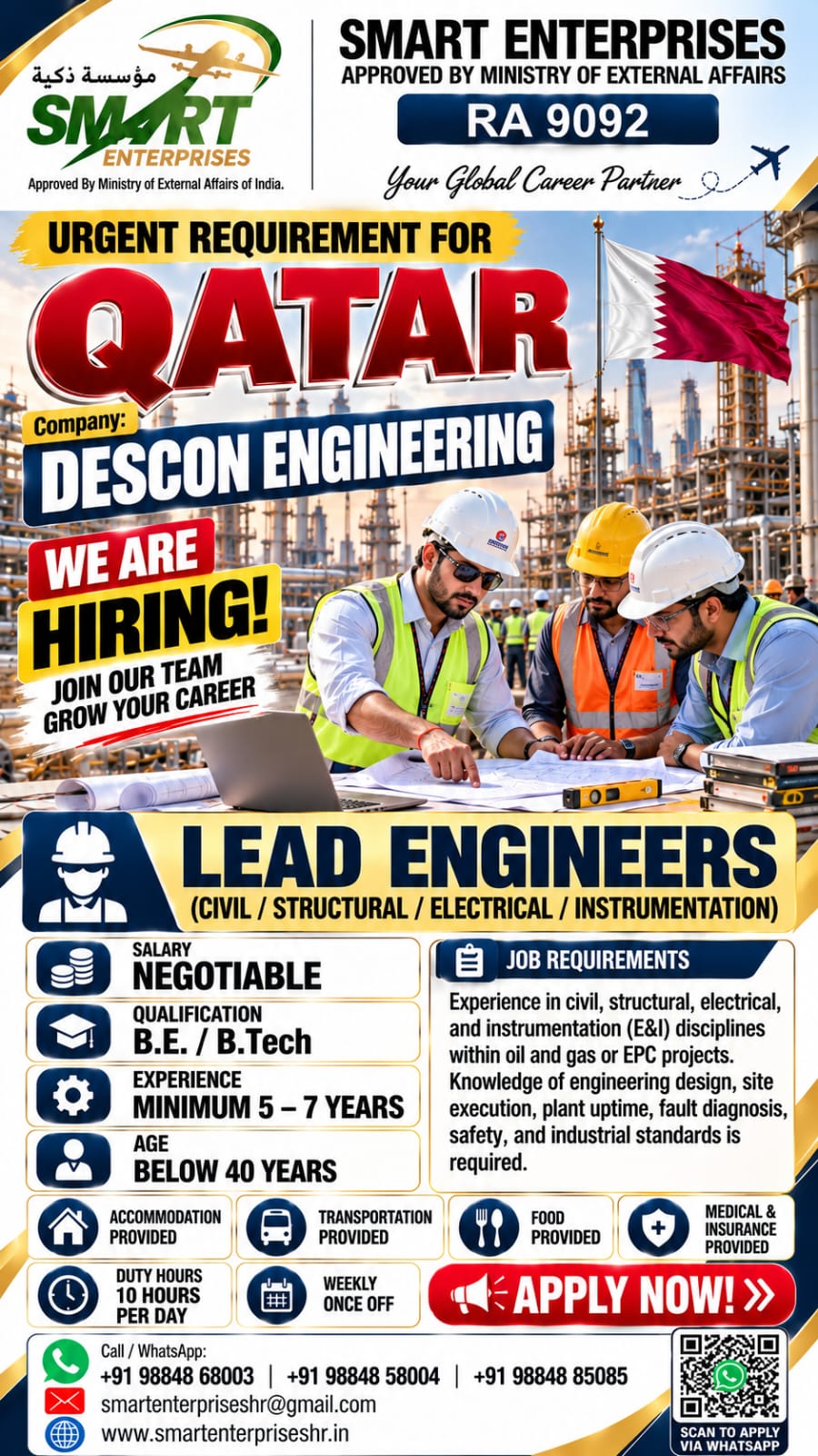 Recruitment poster for LEAD ENGINEERS in Qatar