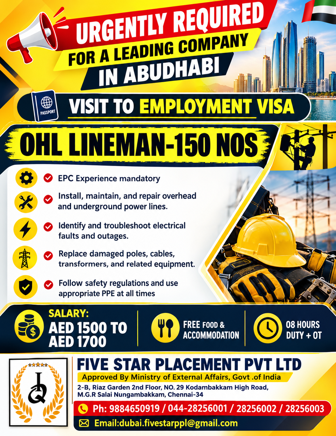 Recruitment poster for URGENTLY REQUIRED FOR A LEADING COMPANY IN ABUDHABI in United Arab Emirates (Dubai / Abu Dhabi)