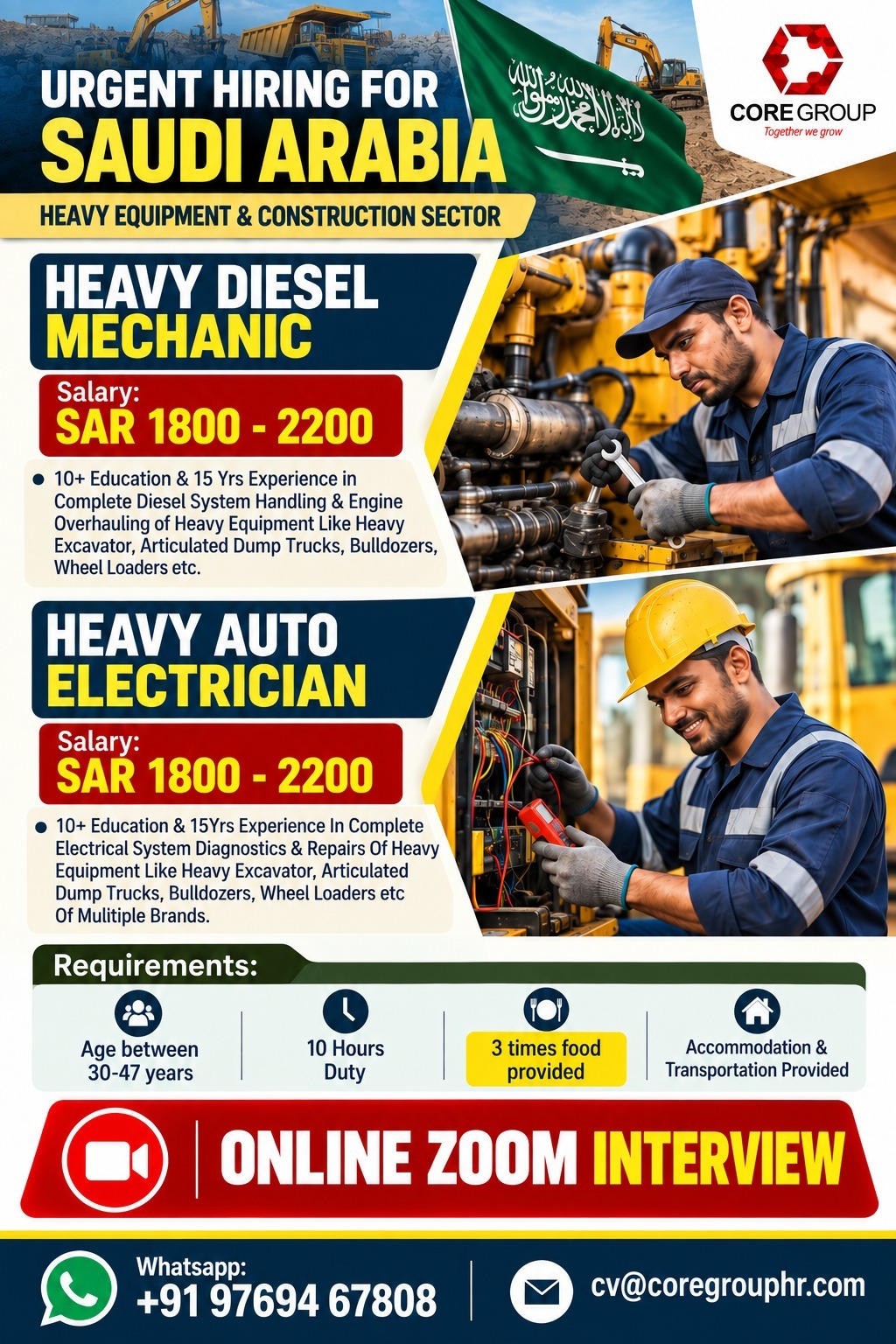 Recruitment poster for Heavy Diesel Mechanic & Heavy Auto Electrician - Saudi Arabia in Saudi Arabia